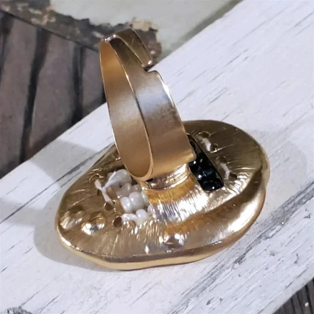 Crystals and Glass Beads Baroque Gold Plated Adjustable Statement Cocktail Ring - Picture 12 of 13
